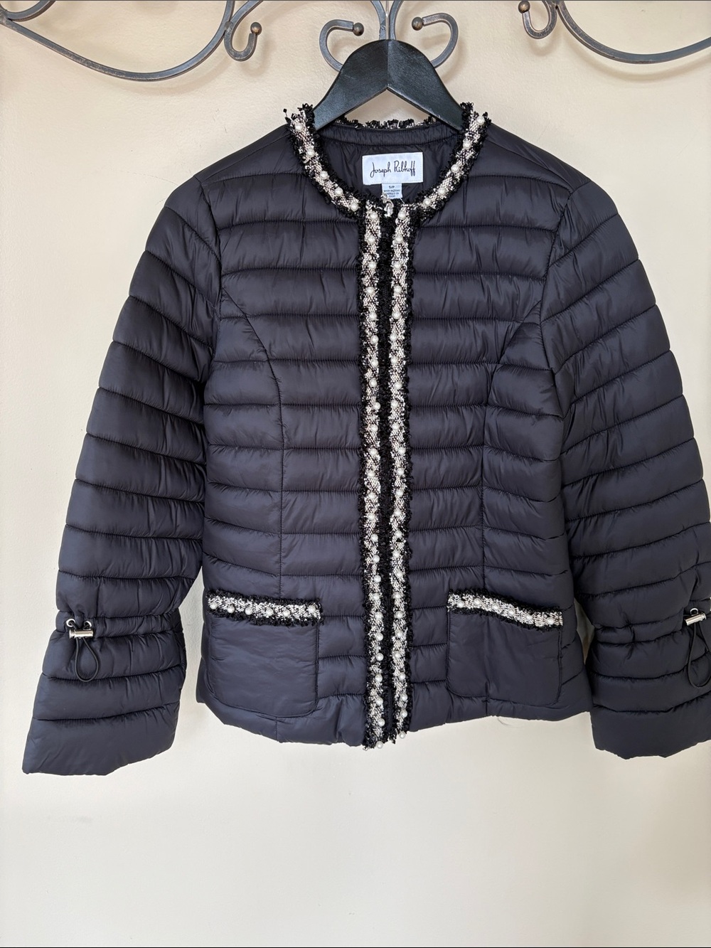 Joseph Ribkoff Black Quilted Puffer Jacket with Tweed Trim